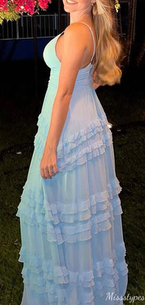 Elegant V-neck Spaghetti Strap Chiffon A-line Long Prom Dress Ideas, Evening Party Dresses,ZX552