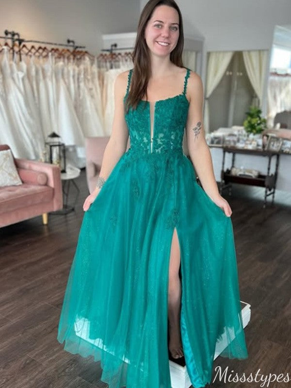 Gorgeous Spaghetti Strap Notched A-line Long Prom Dress Ideas, Evening Party Dresses,ZX954