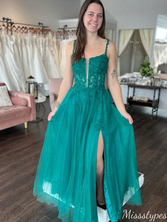 Gorgeous Spaghetti Strap Notched A-line Long Prom Dress Ideas, Evening Party Dresses,ZX954