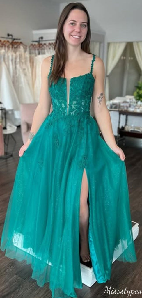 Gorgeous Spaghetti Strap Notched A-line Long Prom Dress Ideas, Evening Party Dresses,ZX954