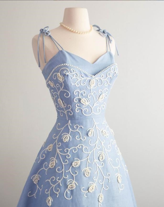 New Arrival Blue Appliqued Spaghetti Strap A-Line Women Mini Party Homecoming Dresses,HM252