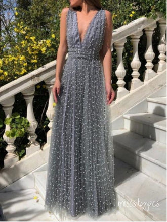 Spotted Simple Sliver V-Neck Backless Long Prom Evening Dress,ZX256