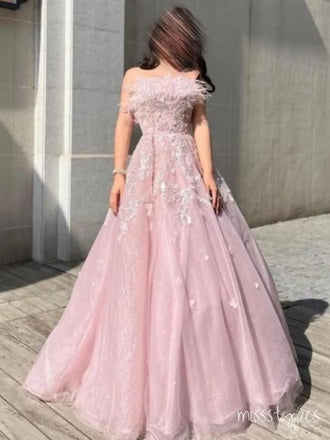 Pink Elegant Strapless Appliqued Ball Gown Long Evening Prom Evening Dress,ZX249