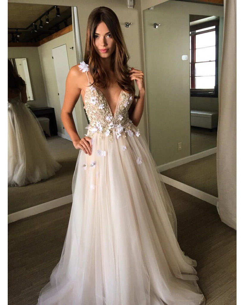 Sexy Women V-Neck Spaghetti Strap Flower Long Tulle Wedding Dresses HS47