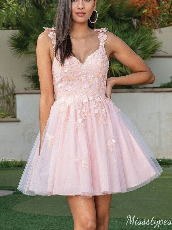 Gorgeous Spaghetti Strap V-neck A-line Short Mini Homecoming Dress,HM398