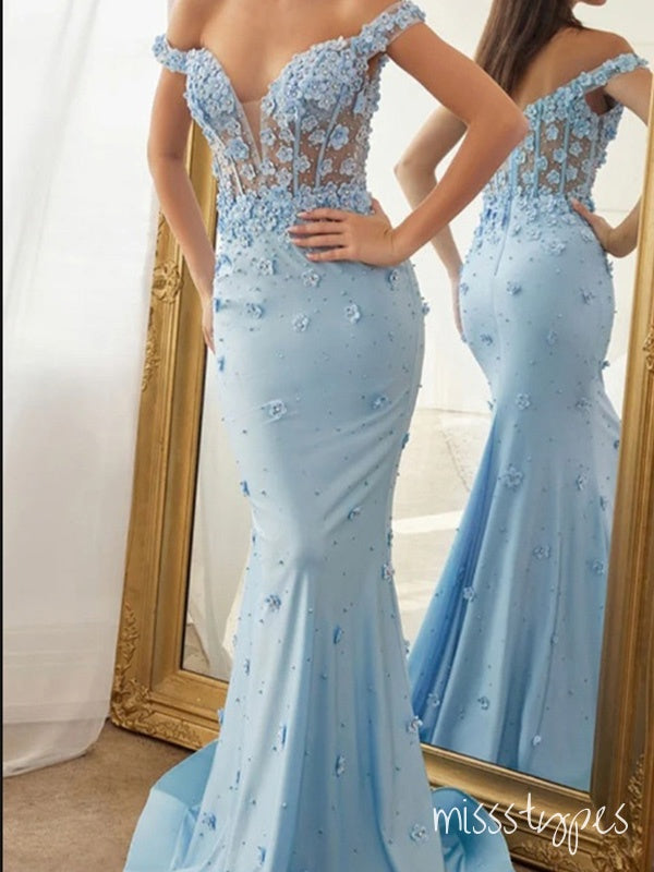 Elegant Blue V-Neck Flower Appliqued Floor-Length Prom Dresses,ZX108