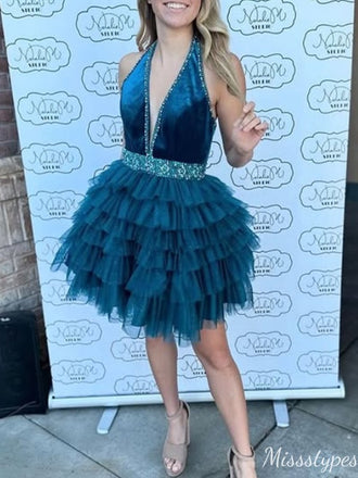 Elegant Deep V-neck Halter A-line Short Mini Homecoming Dress,HM401