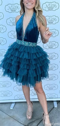 Elegant Deep V-neck Halter A-line Short Mini Homecoming Dress,HM401