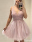 Elegant V-neck Lace A-line Short Mini Homecoming Dress,HM402