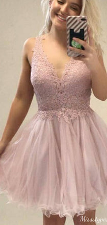 Elegant V-neck Lace A-line Short Mini Homecoming Dress,HM402