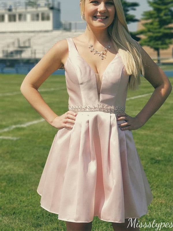Elegant V-neck Notched A-line Short Mini Homecoming Dress,HM403