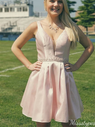 Elegant V-neck Notched A-line Short Mini Homecoming Dress,HM403