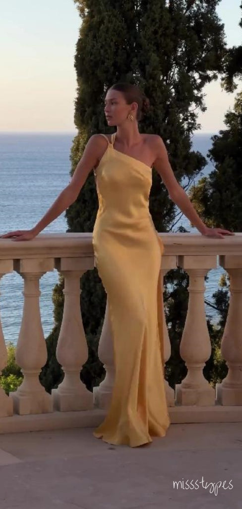 Sexy Yellow One Shoulder Backless Mermaid Halter Long Prom Evening Dress,ZX307