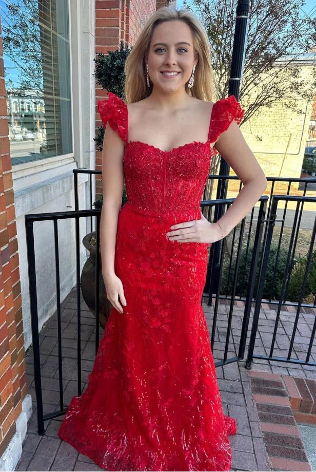 Hot Red Cap Shoulder Appliqued Square Mermaid Long Prom Evening Dress,ZX349