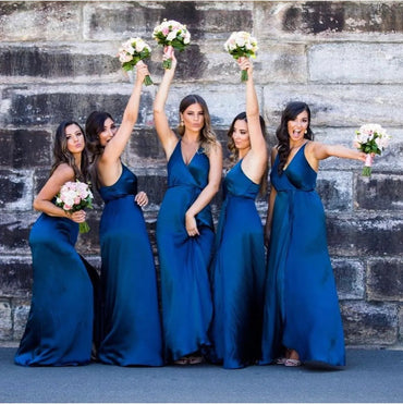 Women Regency Blue Spaghetti Strap V-Neck Floor-Length Bridesmaid Dresses Online, BL44