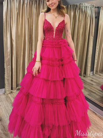 Elegant V-neck Spaghetti Strap Lace A-line Long Prom Dress Ideas, Evening Party Dresses,ZX556