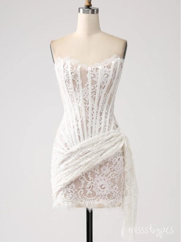 White Appliqued Herringbone Strapless Sexy Mini Homecoming Dresses, HM84