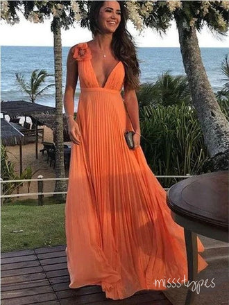 Cute Orange A-line V-neck Maxi Long Party Prom Dresses, Evening Dress,ZX184