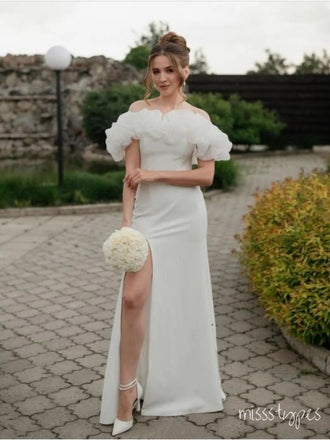 Ruffle Women Off Shoulder Side Slit White Mermaid Prom Evening Dress,ZX253