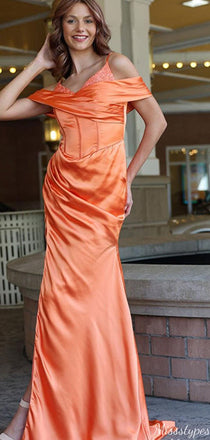Elegant Off-shoulder V-neck Mermaid Long Prom Dress Ideas, Evening Party Dresses,ZX992