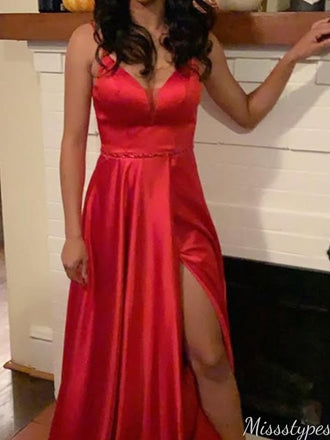 Elegant Spaghetti Strap V-neck A-line Long Prom Dress Ideas, Evening Party Dresses,ZX996
