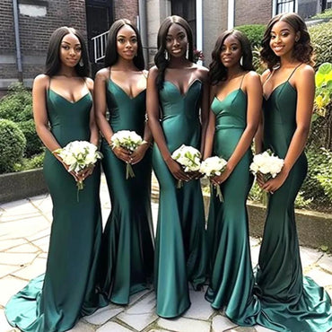 Satin Trendy Sexy Emerald Spaghetti Strap V-Neck Women Floor-Length Bridesmaid Dresses Online, BL158