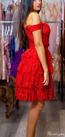 Gorgeous Off-shoulder Lace A-line Short Mini Homecoming Dress,HM445
