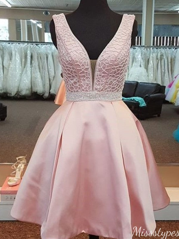 Elgeant Pink V-neck A-line Short Mini Homecoming Dress,HM450
