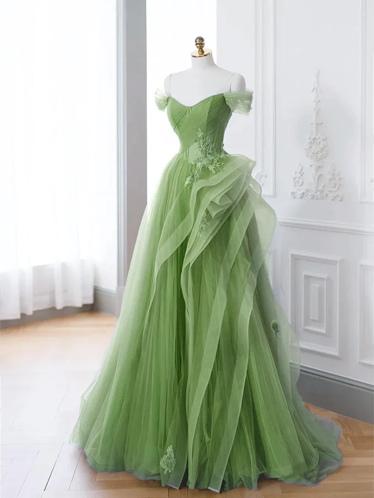 Beautiful Off Shoulder Green Tulle Sweetheart  Floor-Length A-Line Prom Dresses,ZX71