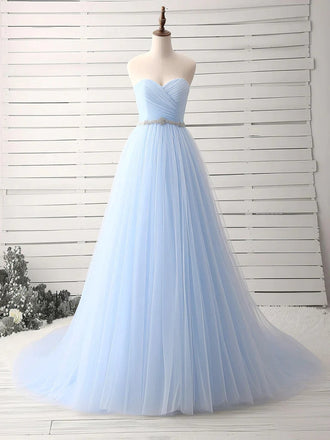 Elegant Sky-Blue Tulle Empire Sweetheart Strapless Floor-Length A-Line Prom Dresses,ZX70