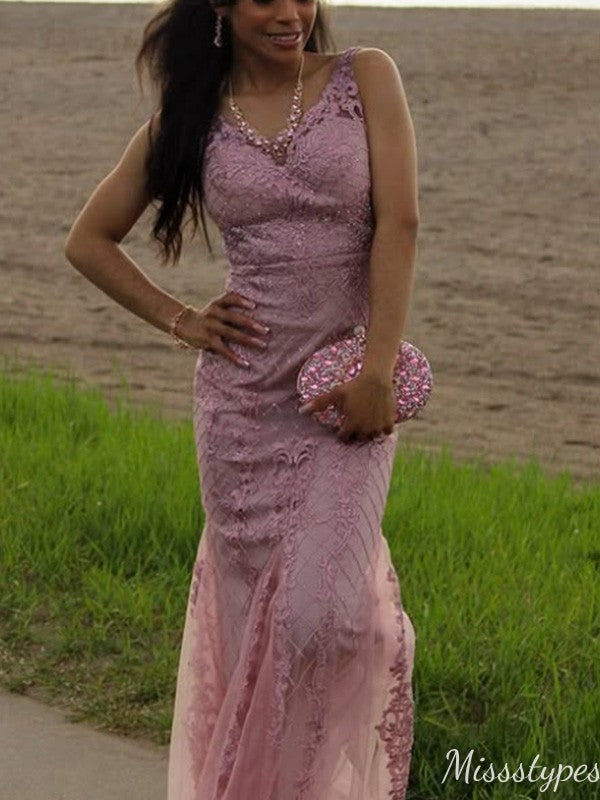 Gorgeous V-neck Lace Mermaid Long Prom Dress Ideas, Evening Party Dresses,ZX1024