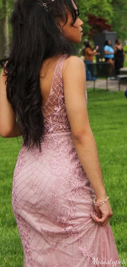 Gorgeous V-neck Lace Mermaid Long Prom Dress Ideas, Evening Party Dresses,ZX1024