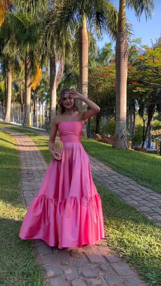 Pretty Pink A-line Strapless Maxi Long Prom Evening Party Women Dresses ,ZX387