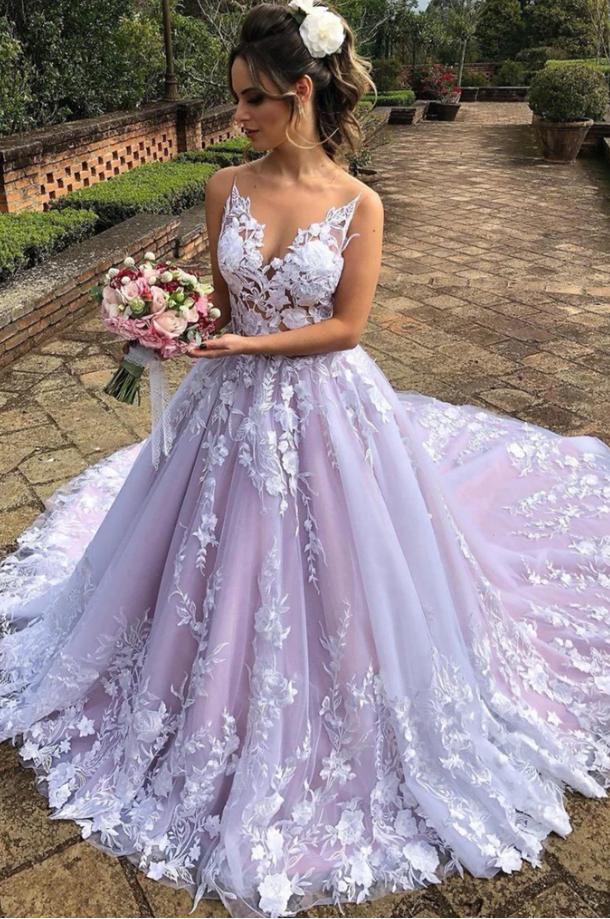 Sexy Appliqued Spaghetti Strap Lilac Long Fashion Wedding Dresses,HS94