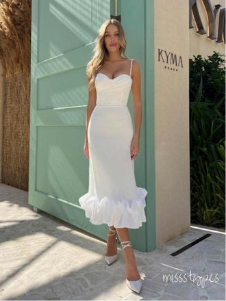 Spaghetti Strap Ruffle White A-Line Tea-Length Evening Prom Evening Dress,ZX201