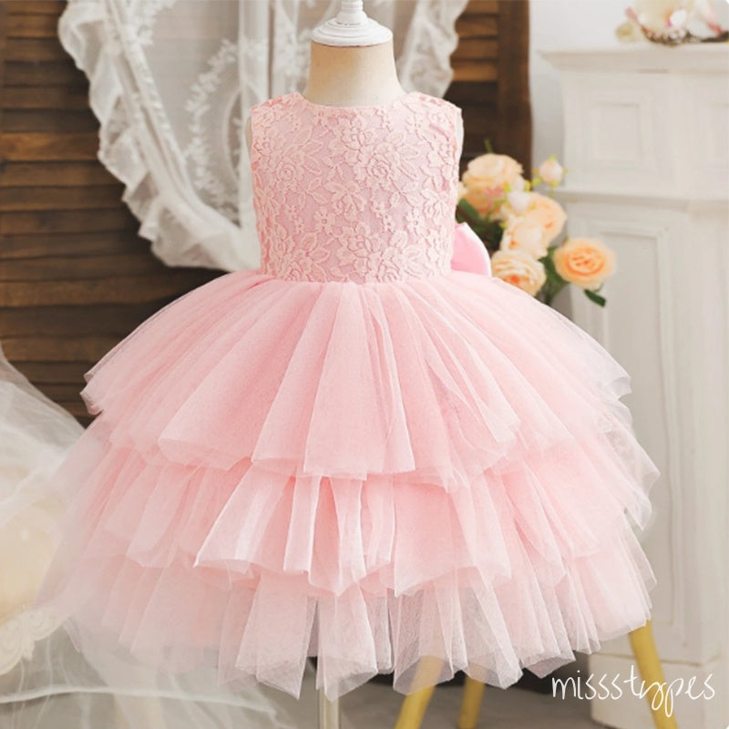 Beautiful Pink Appliqued Flower Round-Neck Tulle  Little Flower Girl Dresses, ET24