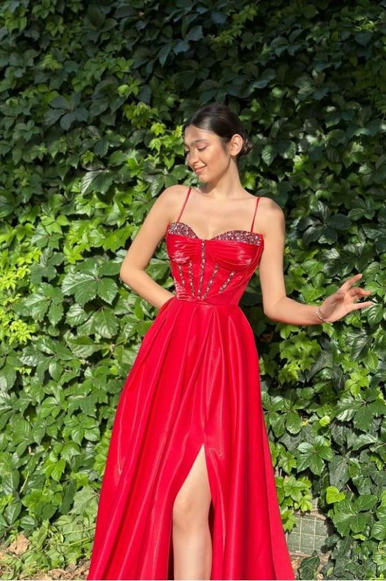 Sexy Red Beading Spaghetti Strap Side Slit Mermaid Long Prom Evening Dress,ZX320