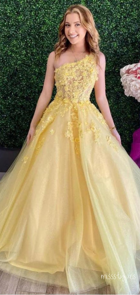 Women Pretty Yellow Appliqued One Shoulder A-Line Long Prom Evening Dress,ZX259