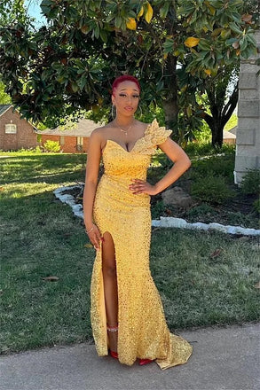 Gorgeous Yellow Mermaid One Shoulder Maxi Long Prom Dress Ideas, Evening Party Dresses,ZX487