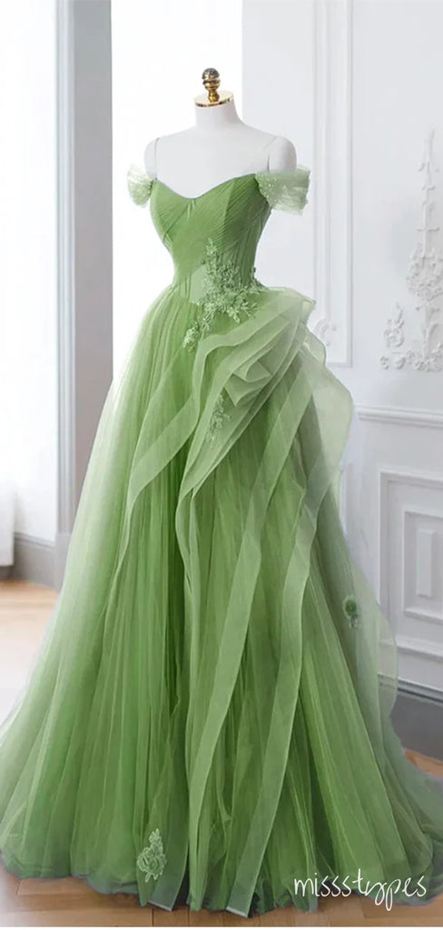 Beautiful Off Shoulder Green Tulle Sweetheart  Floor-Length A-Line Prom Dresses,ZX71