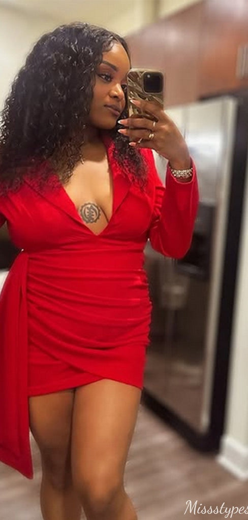 Elegant Long Sleeves V-neck Sheath Short Mini Homecoming Dress,HM471
