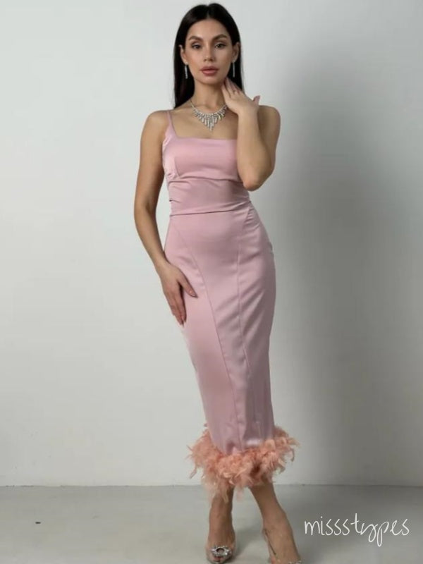 Pink Satin Tea-Length Feather Spaghetti Strap Mermaid Evening Prom Evening Dress,ZX219