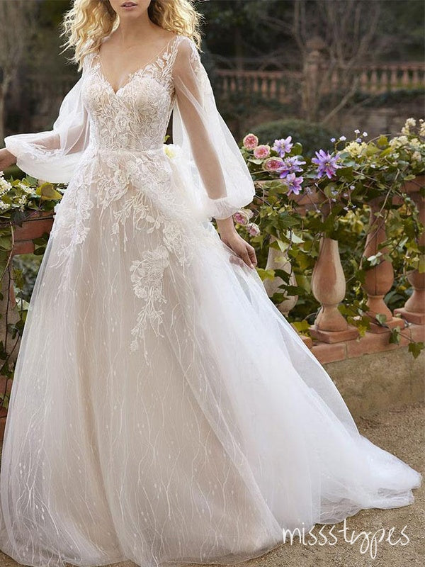 Off White Lace Elegant Backless Full Sleeve Appliqued Long A-Line Wedding Dresses HS41