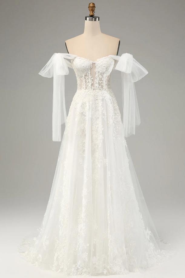 White Off Shoulder Empire Elegant A-Line Fashion Wedding Dresses,HS79