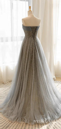 Elegant Sliver Flower Ruffle Tulle Strapless Floor-Length A-Line Fashion Prom Dresses,ZX163
