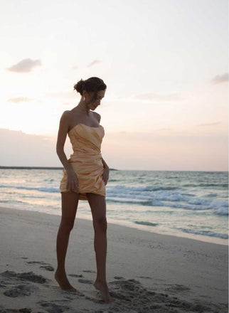Simple Gold Strapless Pleat Mini New Arrival Homecoming Dresses,HM110