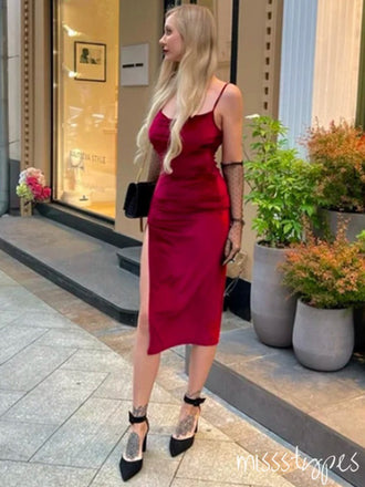 Elegant Red Velvet Spaghetti Strap Side Slit Ankle-Length Prom Dresses,ZX105