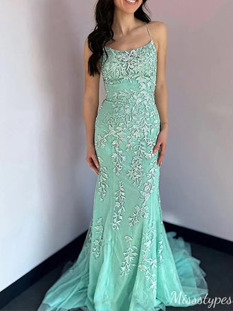 Elegant Spaghetti Strap Square Lace Mermaid Unique Long Prom Dress Ideas, Evening Party Dresses,ZX570