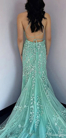 Elegant Spaghetti Strap Square Lace Mermaid Unique Long Prom Dress Ideas, Evening Party Dresses,ZX570