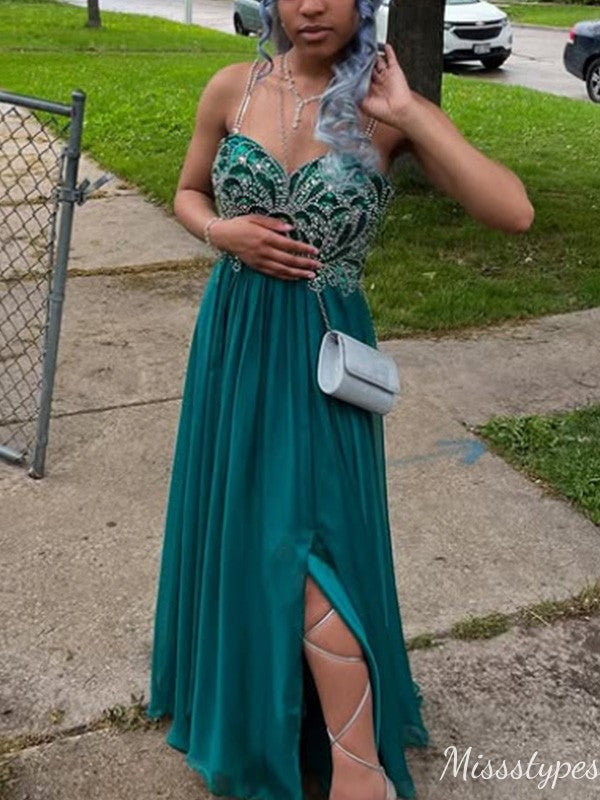 Elegant Spaghetti Strap A-line Long Prom Dress Ideas, Evening Party Dresses,ZX1051